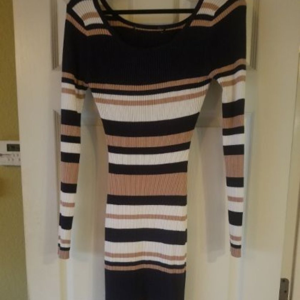 Navy, cream and tan - ribbed and striped sweater dress